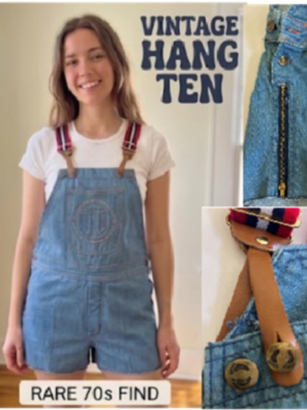 Vtg 70s Hang Ten Denim Shortalls Overalls Rainbow Stitch Festival XS 2 4 shorts